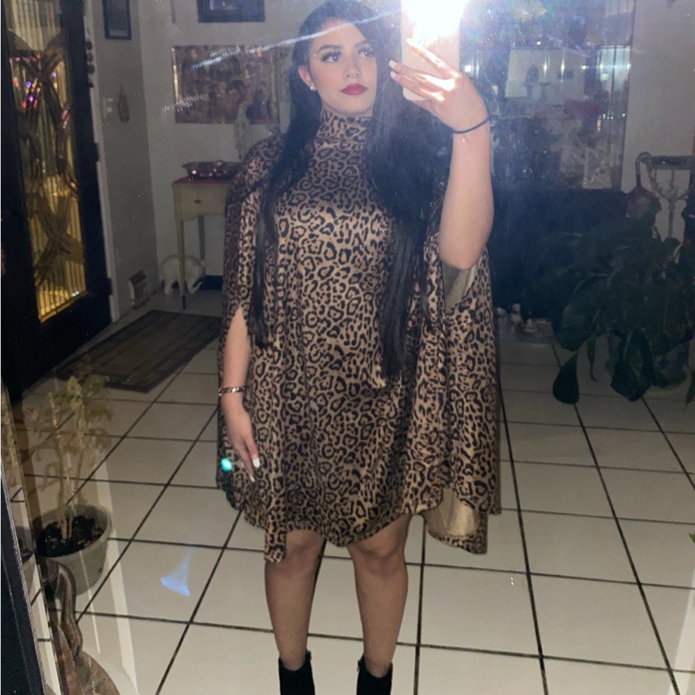 High Neck Leopard Print Cloak Sleeve Dress